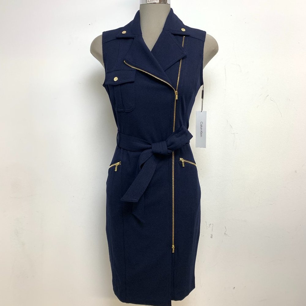 NEW CALVIN KLEIN MOTO STYLE INDIGO NAVY SHEATH DRESS SIZE 2